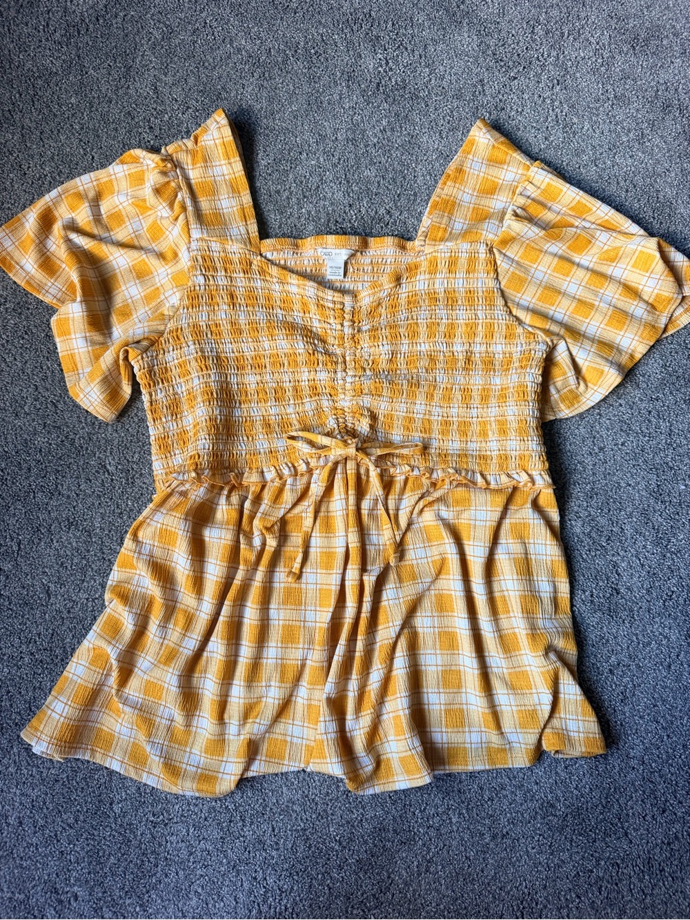 Cato Yellow Plaid Smocked Square-Neck Peplum Top